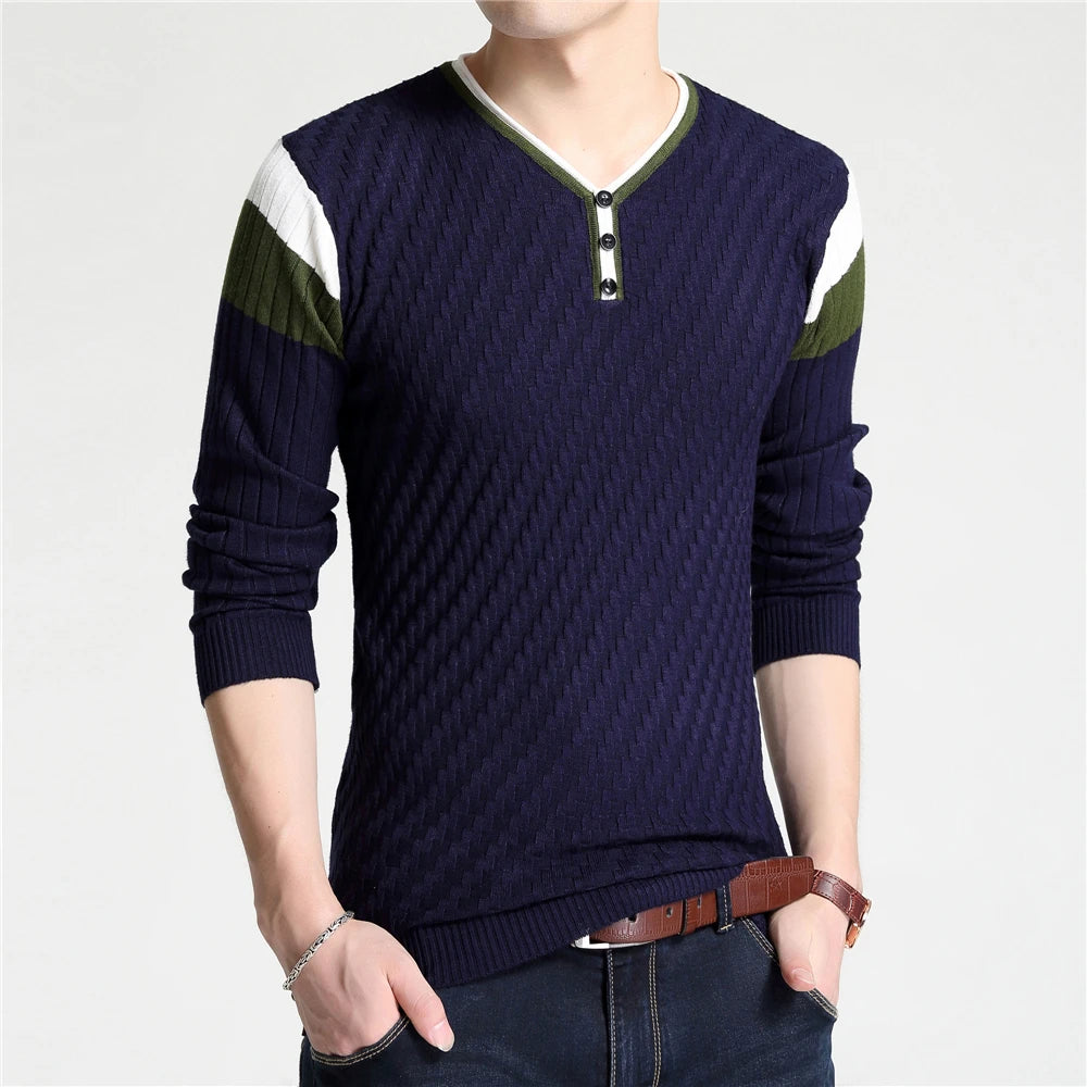 Elastic Knitted V-Neck Sweater for Men – Stylish Spliced Design