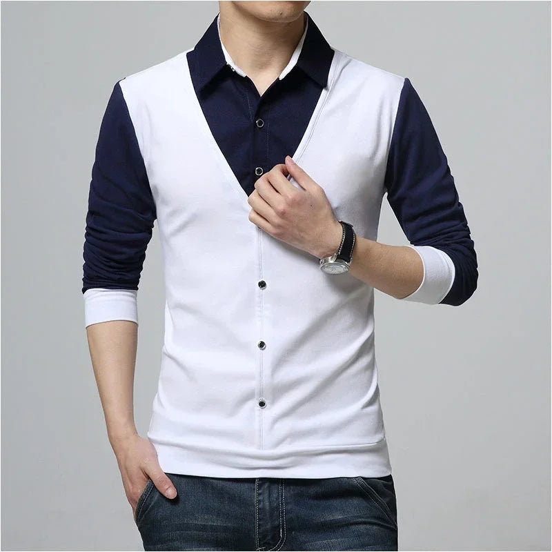 Men’s Slim Fit Casual Tee – Turn-Down Collar Long Sleeve Patchwork Top