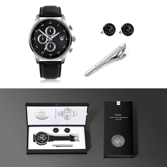 4PCS Set Gift Box Men's Fashion Business Quartz Watch Leisure Calendar Watch Men's Cufflinks Tie Clip Watch Gift