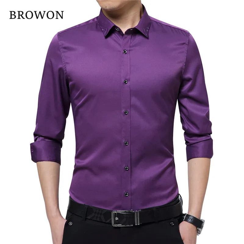 Classic Solid Color Men’s Dress Shirt – Luxury Silky Fabric Business & Formal Wear
