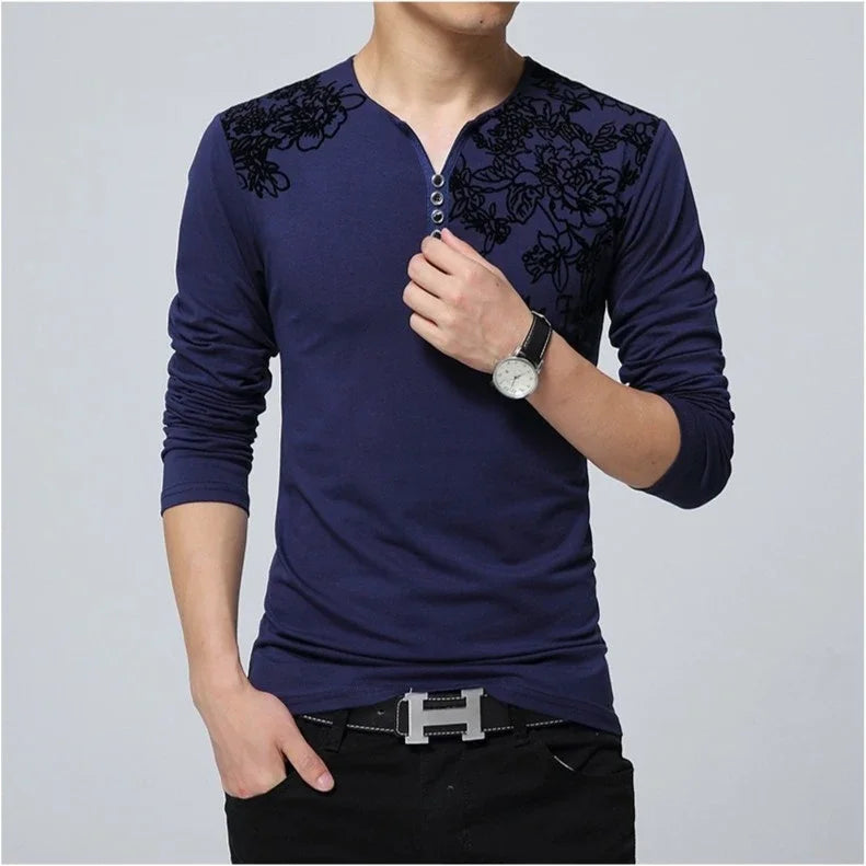 Men’s Straight Fit Long Sleeve T-Shirt – Floral Print Casual Top