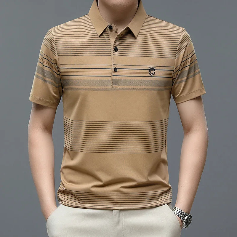 Men’s Striped Short Sleeve Polo – Breathable Contrast Color Summer Shirt