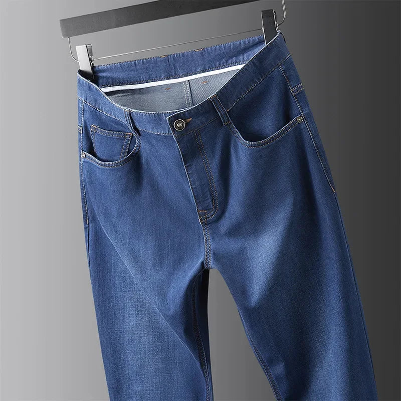 Men’s Summer Silk Blend Jeans – Mid Waist Straight Pants