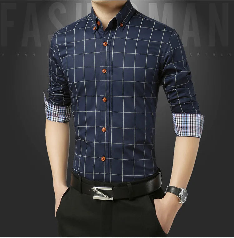 Men’s Slim Fit Plaid Shirt – Turn-Down Collar Smart Casual