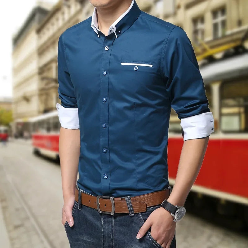 Men’s Solid Color Slim Fit Business Casual Shirt – Long Sleeve Turn-Down Collar