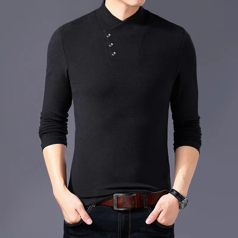 Fashion High Collar Men’s T-Shirt – Casual Elastic Long Sleeve Top