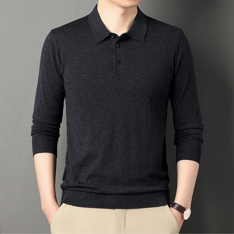 Men’s Knitted Long Sleeve Polo Tee – Turn-Down Collar Casual Solid Top