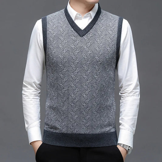 Classic Jacquard Knit Sleeveless Vest for Men – Warm Solid Color Sweater