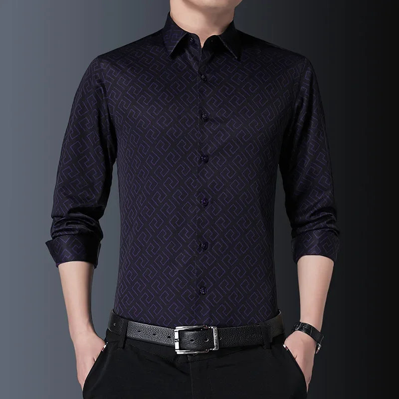 Men’s Slim Fit Printed Casual Shirt – Long Sleeve Turn-Down Collar
