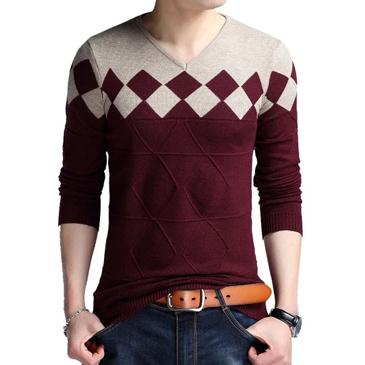 Vintage Argyle V-Neck Knitted Sweater for Men
