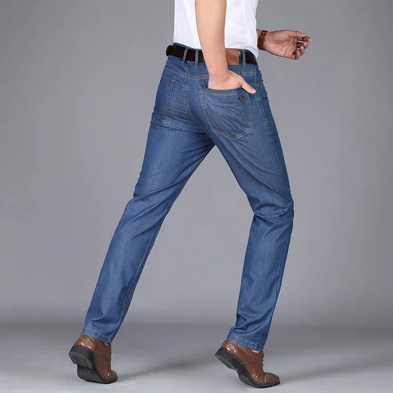 Men’s Summer Business Jeans – Mid Waist Straight Denim Pants