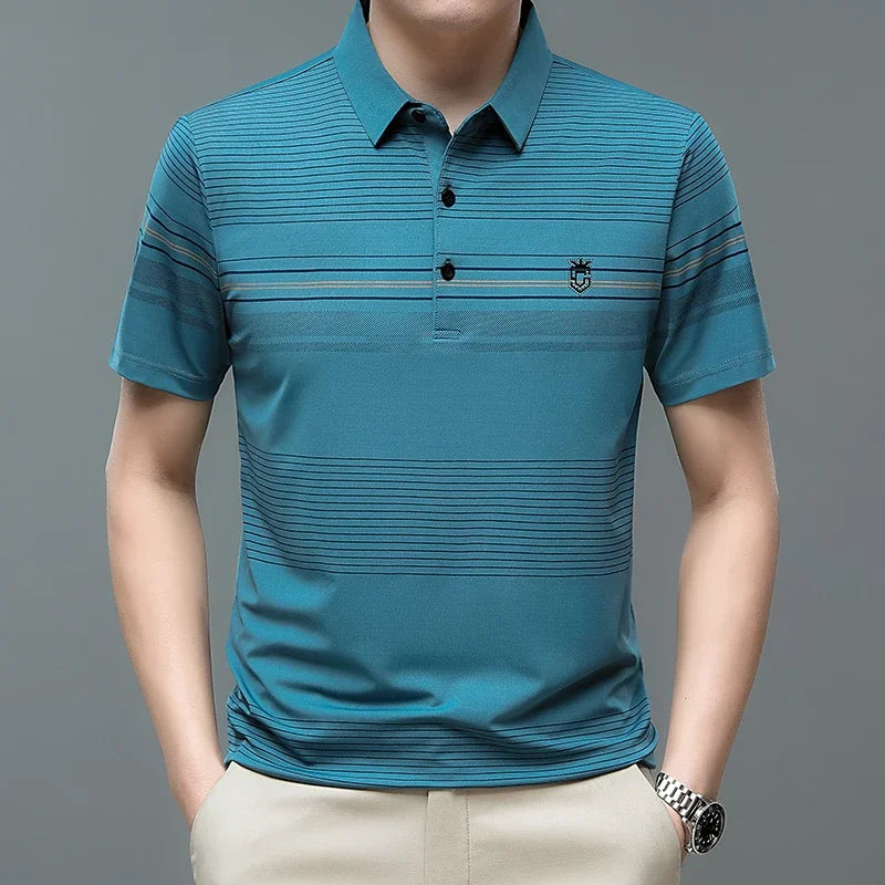 Men’s Striped Short Sleeve Polo – Breathable Contrast Color Summer Shirt