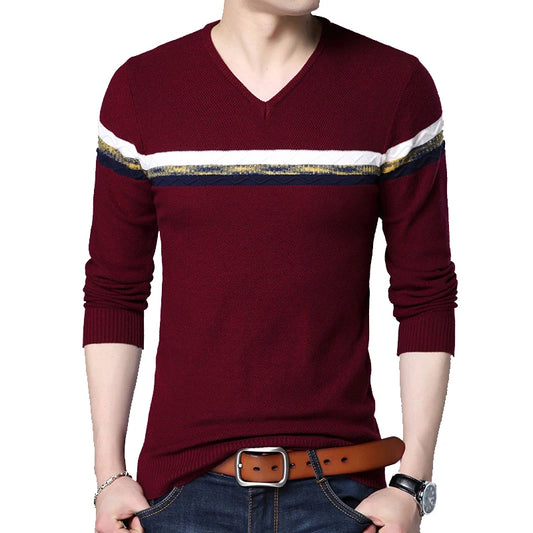 Men’s Slim Fit V-Neck Patchwork Sweater – Business Casual Knit Pullover