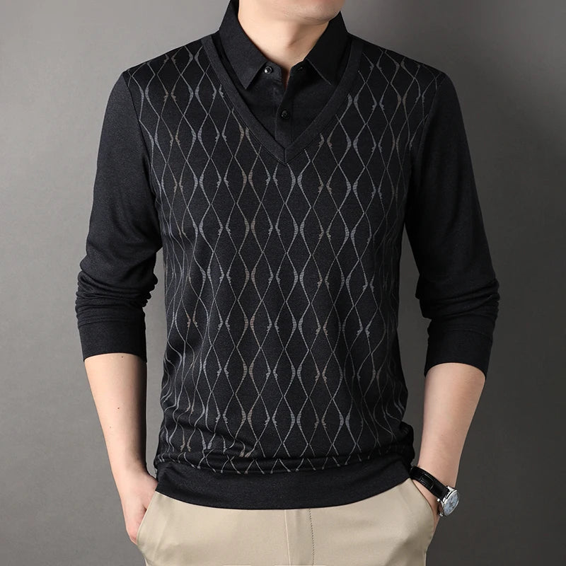 Men’s Long Sleeve Plaid T-Shirt – Smart Casual Turn-Down Collar Top