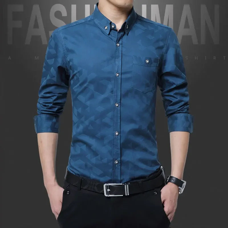 Fashion Casual Men’s Shirt – Cotton Blend, Jacquard Weave, Plus Size 5XL