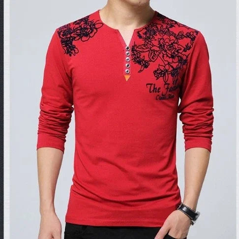Men’s Straight Fit Long Sleeve T-Shirt – Floral Print Casual Top