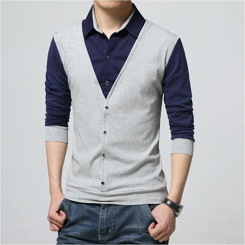 Men’s Slim Fit Casual Tee – Turn-Down Collar Long Sleeve Patchwork Top
