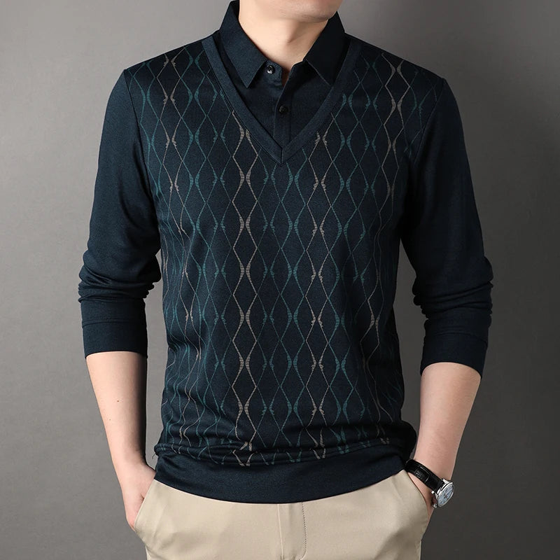 Men’s Long Sleeve Plaid T-Shirt – Smart Casual Turn-Down Collar Top