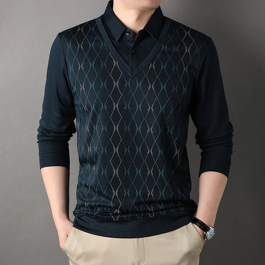 Men’s Long Sleeve Plaid T-Shirt – Smart Casual Turn-Down Collar Top