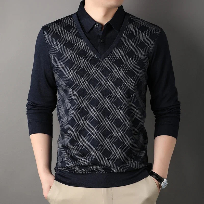 Men’s Striped Two-Piece Long Sleeve Tee – Casual & Business Casual Top