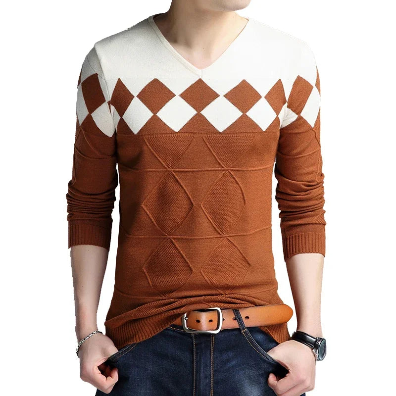 Vintage Argyle V-Neck Knitted Sweater for Men