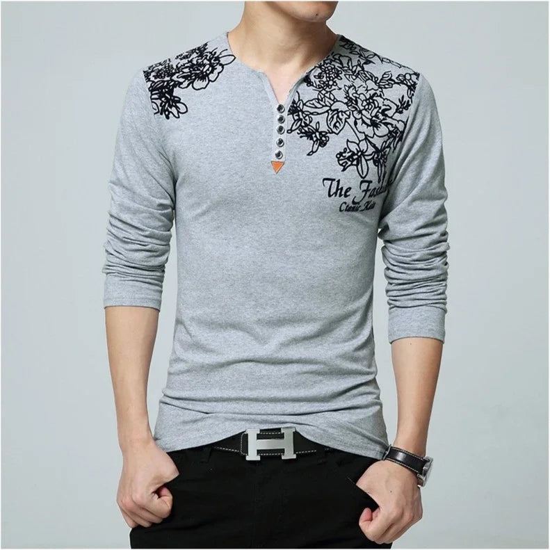 Men’s Straight Fit Long Sleeve T-Shirt – Floral Print Casual Top