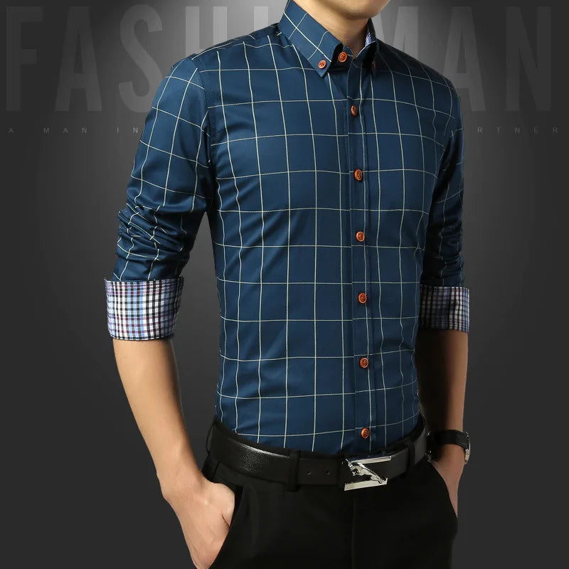 Men’s Slim Fit Plaid Shirt – Turn-Down Collar Smart Casual