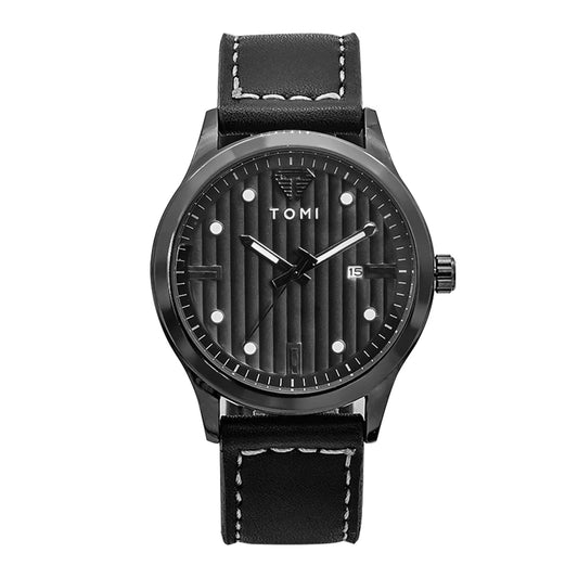 Minimalist Business Men's Quartz Watch Vintage Vertical Stripe Calendar Round dial Men's Black Belt Watch Clock Gift Reloj