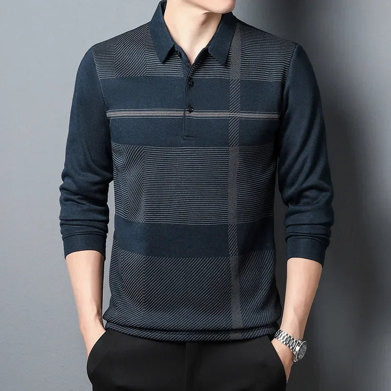 Men’s Long Sleeve Casual Tee – Turn-Down Collar Striped Print Slim Fit Shir