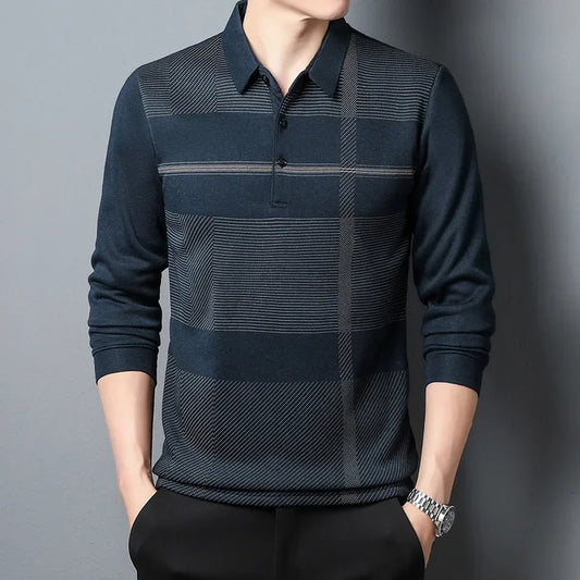 Men’s Long Sleeve Casual Tee – Turn-Down Collar Striped Print Slim Fit Shir