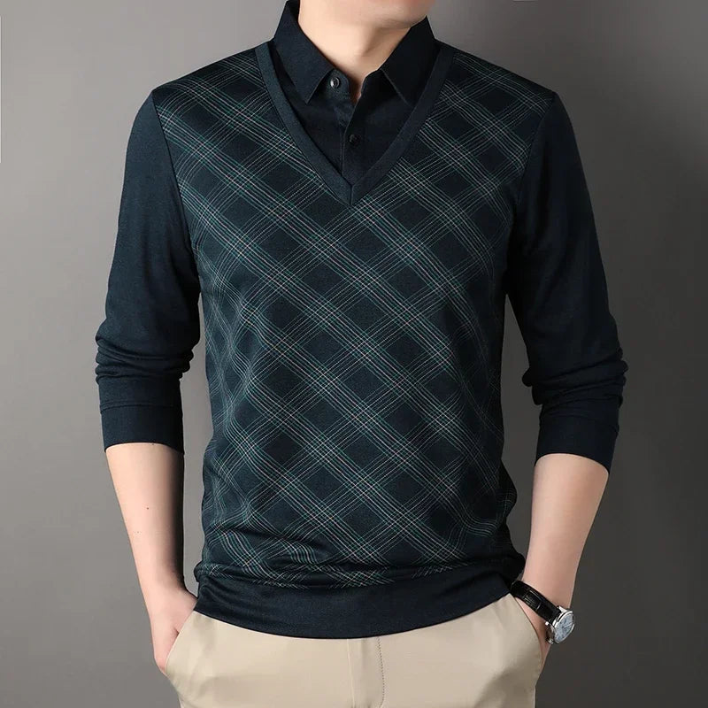 Men’s Striped Two-Piece Long Sleeve Tee – Casual & Business Casual Top