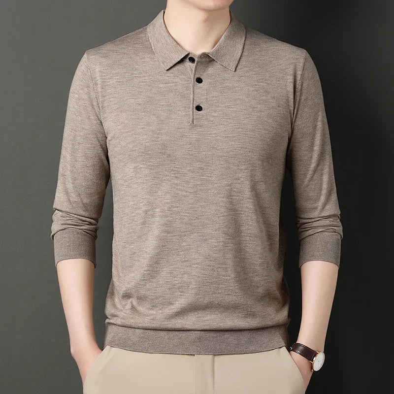 Men’s Knitted Long Sleeve Polo Tee – Turn-Down Collar Casual Solid Top