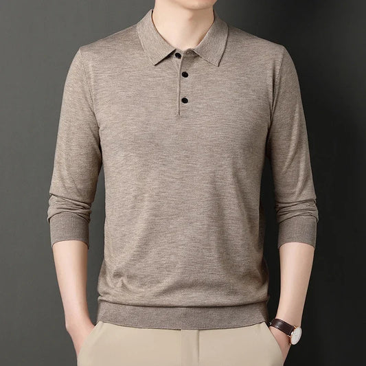 Men’s Knitted Long Sleeve Polo Tee – Turn-Down Collar Casual Solid Top