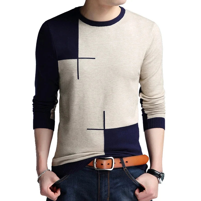 Men’s Slim Fit Patchwork O-Neck Sweater – Autumn Knit Pullover