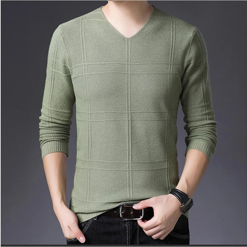 Solid Color V-Neck Sweater for Men – Korean Fashion Slim Fit Style