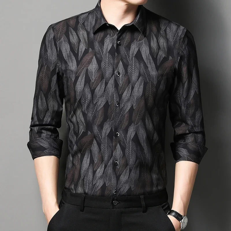 Retro Slim Fit Bamboo Fiber Shirt – Long Sleeve Men’s Casual Print
