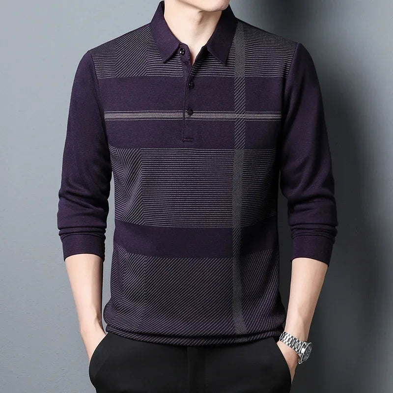Men’s Long Sleeve Casual Tee – Turn-Down Collar Striped Print Slim Fit Shir