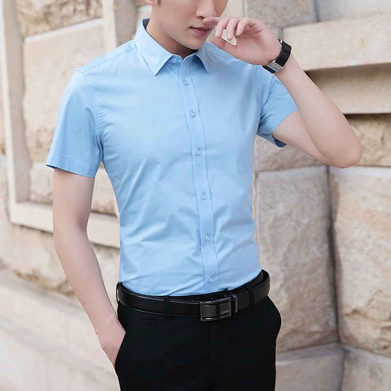 Men’s Slim Fit Short Sleeve Business Shirt – Solid Color Summer Casual