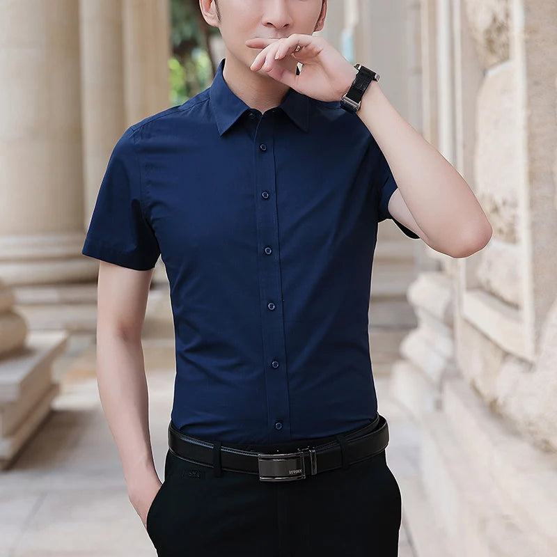Men’s Slim Fit Short Sleeve Business Shirt – Solid Color Summer Casual