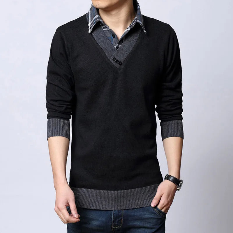 Men’s Slim Fit V-Neck Business Sweater – Fake Two-Piece Design