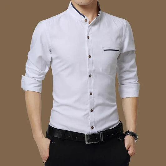 Korean Style Men’s Slim Fit Shirt – Solid Color Long Sleeve Business Casual
