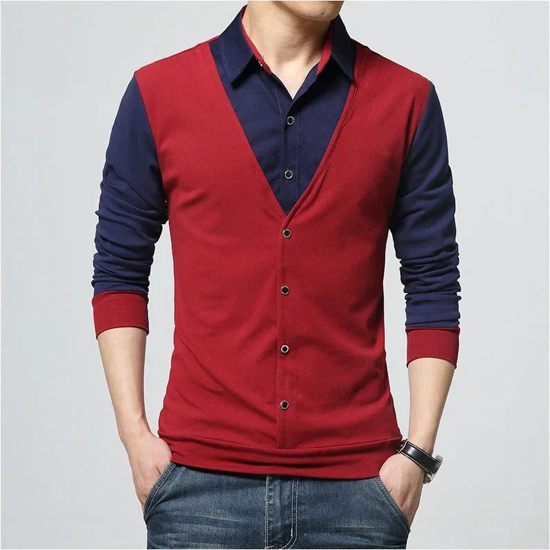 Men’s Slim Fit Casual Tee – Turn-Down Collar Long Sleeve Patchwork Top