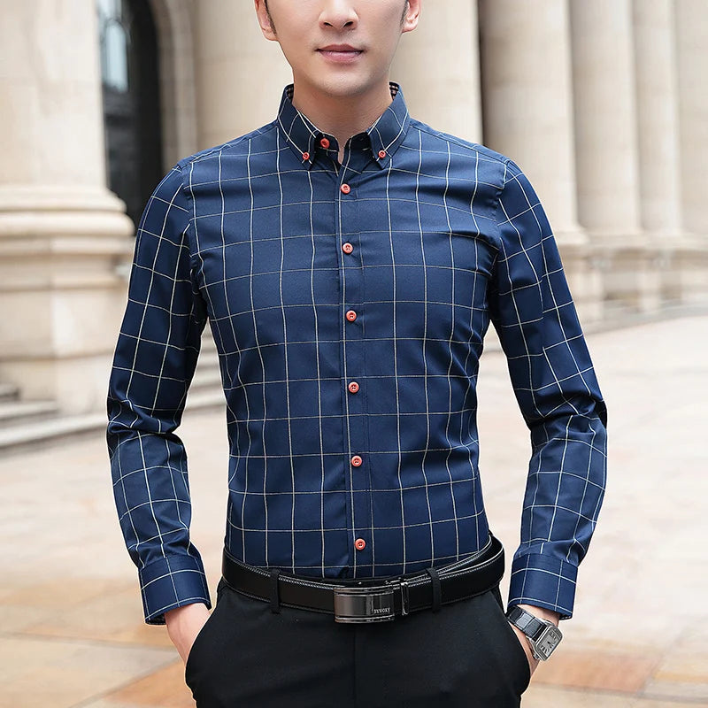 Spring Autumn Plaid Pattern Shirt for Men – Turn-Down Collar Business Casual