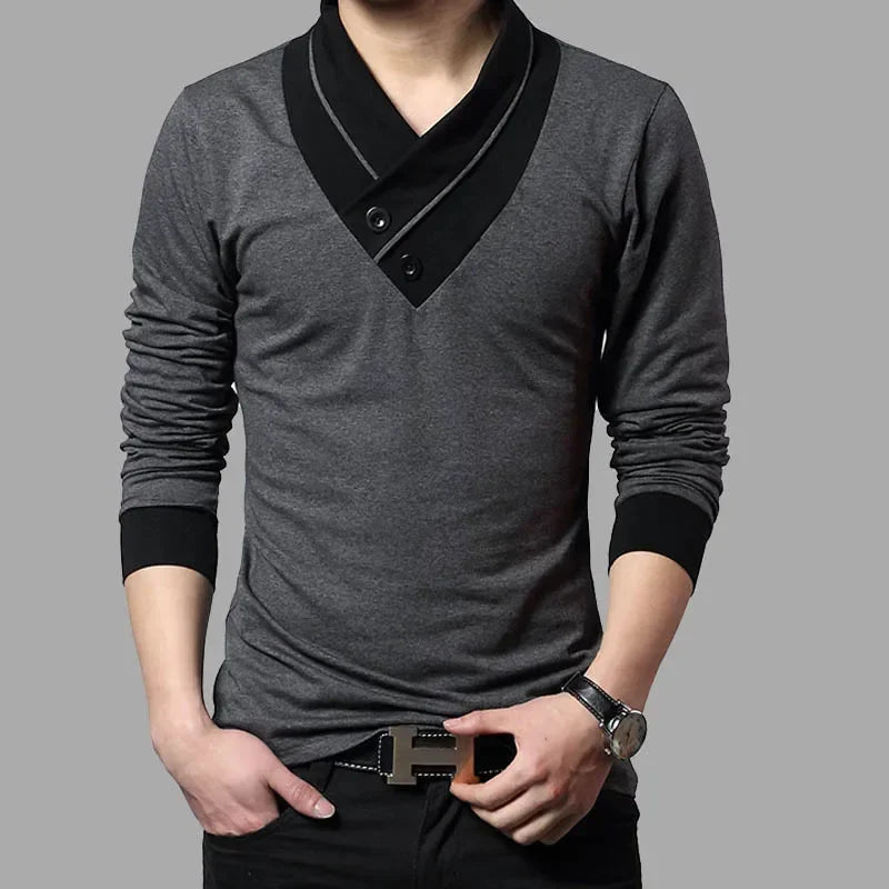 Men’s Slim Fit Casual Tee – V-Neck Long Sleeve Solid Color Top