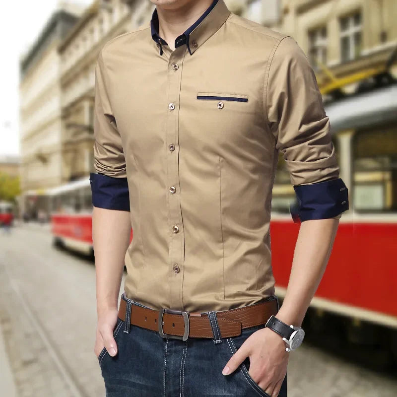 Men’s Solid Color Slim Fit Business Casual Shirt – Long Sleeve Turn-Down Collar