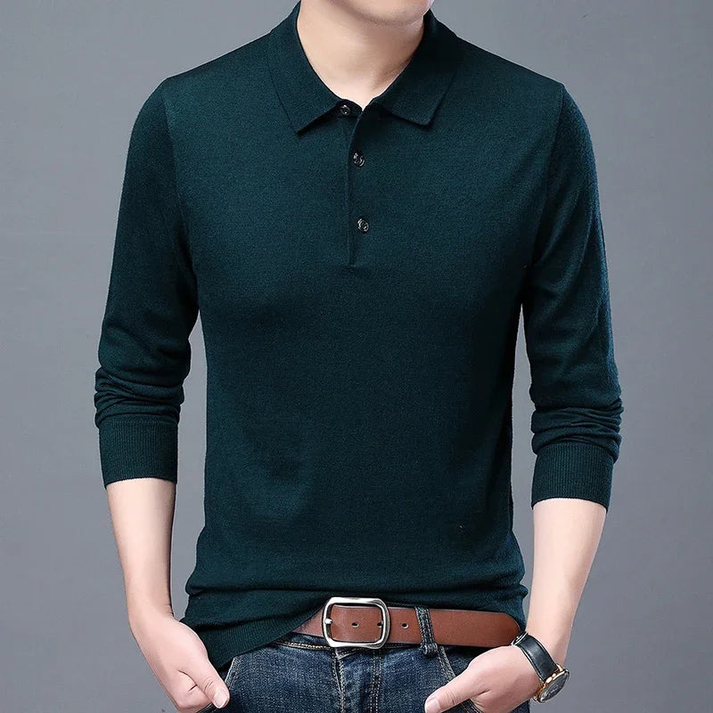 Men’s Knitted Long Sleeve Polo Tee – Turn-Down Collar Casual Solid Top