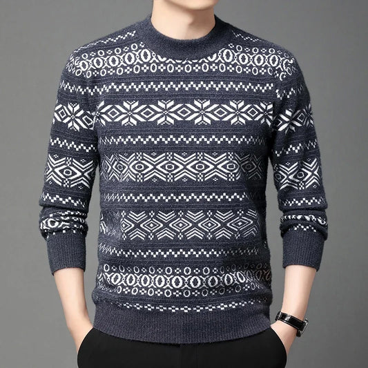 Classic Jacquard Knit Sweater for Men – Long Sleeve Pullover